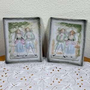 Vintage Victorian Couple Toile French Country Style Scene 3D Wall Plaque Set 2